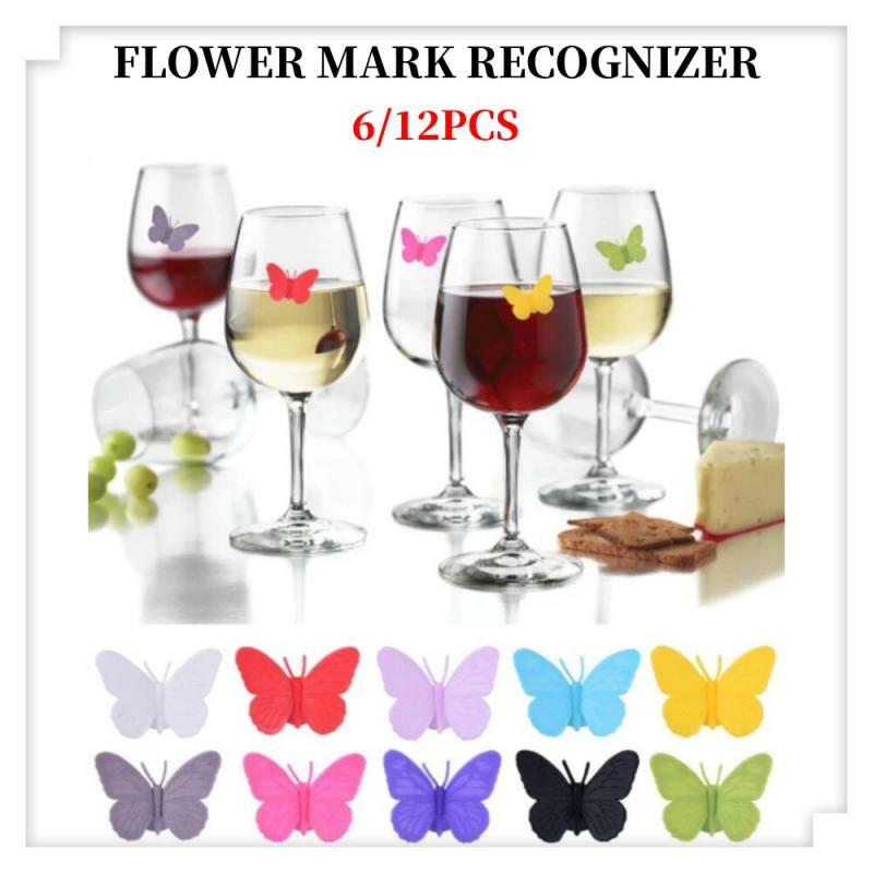 Marcador de copa de vino de silicona, dijes creativos de mariposa para bebidas, identificador de taza para beber, marca de señal, suministros de fiesta de grado alimenticio, 6/12 piezas