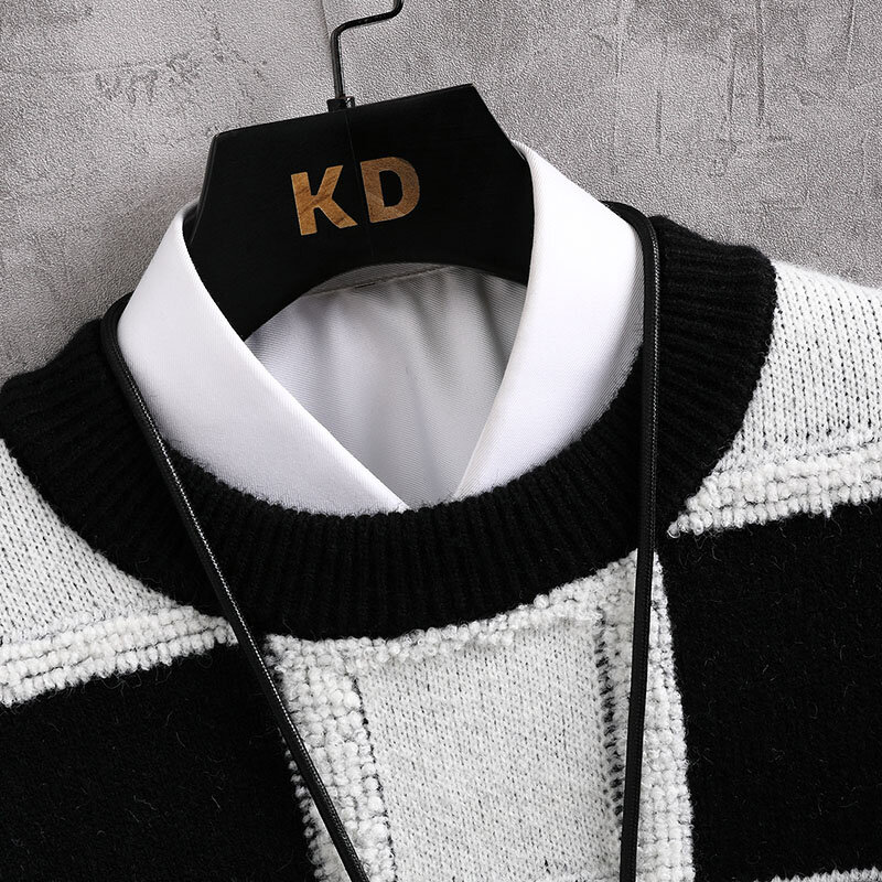 New Fall Winter Korean Style Mens Pullovers Sweaters High Quality Thick Warm Cashmere Sweater Men Luxury Plaid Pull Homme 2023