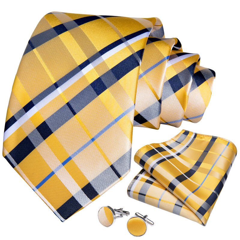 2023 neue klassische gelb gestreifte karierte Seiden krawatten für Männer Taschentuch Manschetten knöpfe Brosche Pin Hochzeit Zubehör Männer Geschenk Drops hip