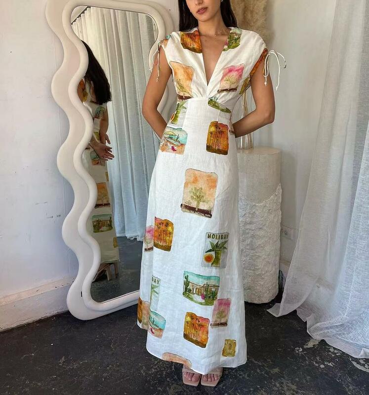 Nowa drukowana sukienka z wysokim stanem w stylu Ramie z dekoltem w serek dla kobiet