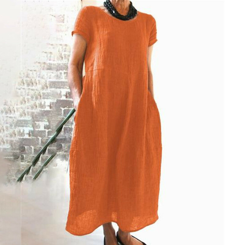 여성용 오버사이즈 원피스 캐주얼 O-넥 린넨 코튼 튜닉 셔츠 드레스, 2024 홀리데이 비치 패션 포켓 롱 로브, 여름