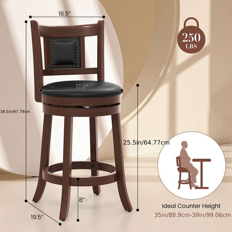 2 sztuk/zestaw obrotowe stołki barowe 25.5, elegancja Vintage, wygodne zakrzywione oparcie ze sztucznej skóry, klasyczne drewniane kuchenne
