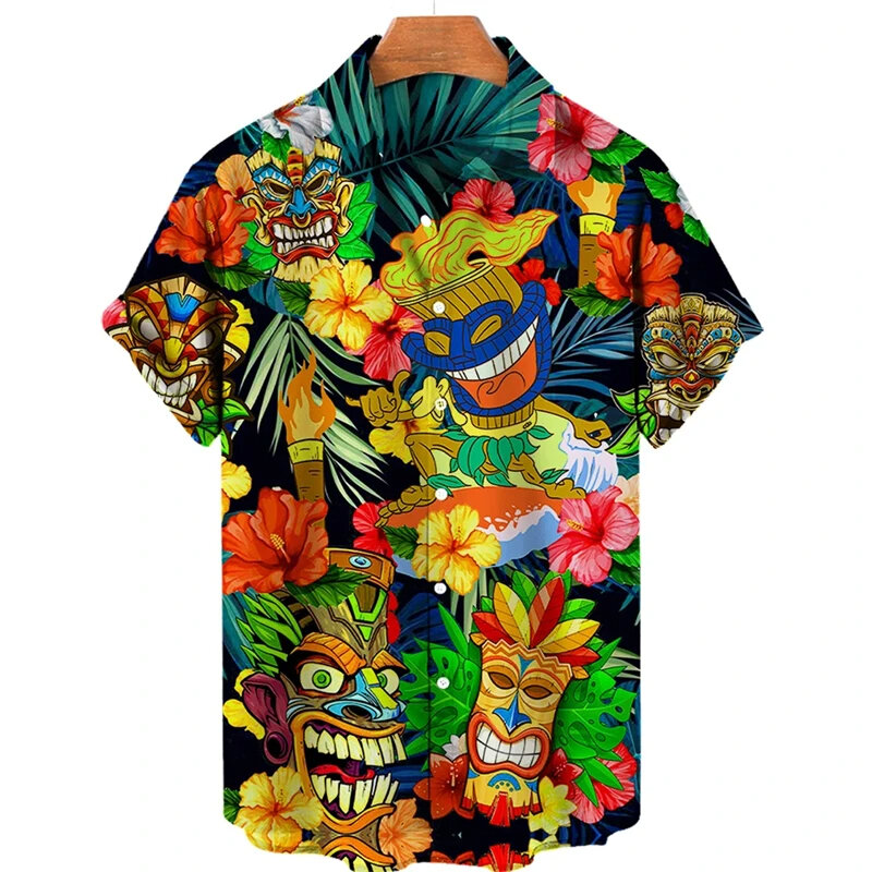 Chemises hawaïennes imprimées en 3D pour hommes, Tiki Moai, Vintage d'échantillons ization, Horror Skull Graphic Blouses, Casual Y2K Y-Clothing