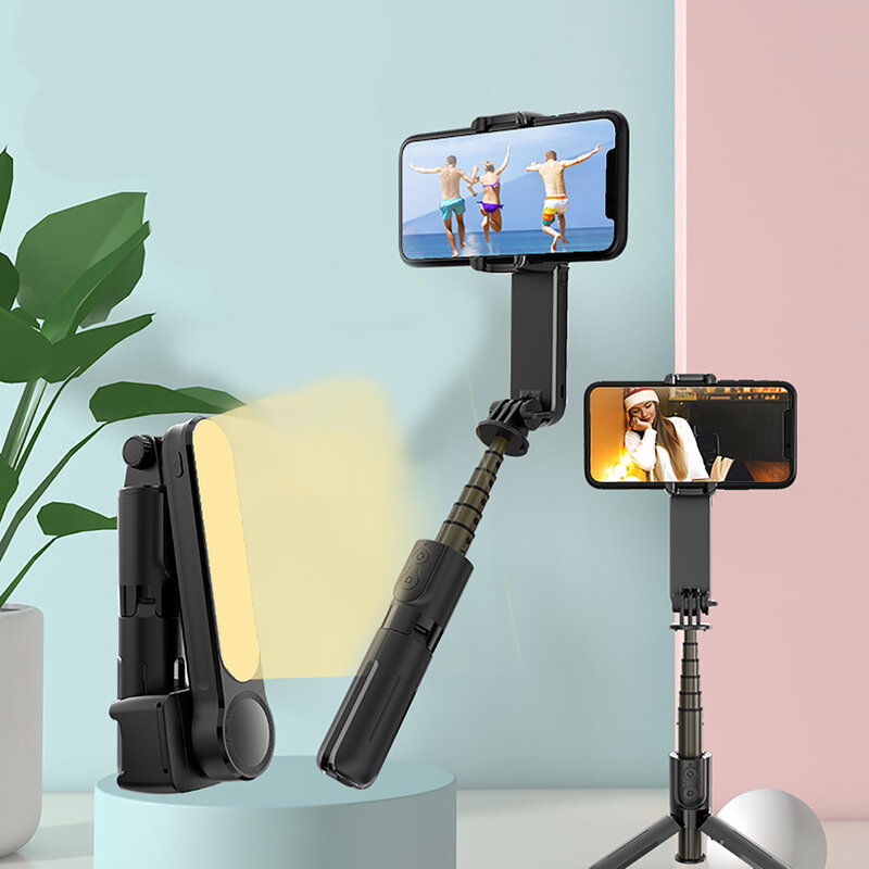 Mini Selfie Stick Vul Licht Bluetooth Afstandsbediening Handheld Gimbal Anti-Shake Mobiele Telefoon Stabilisator Video Shooting Statief
