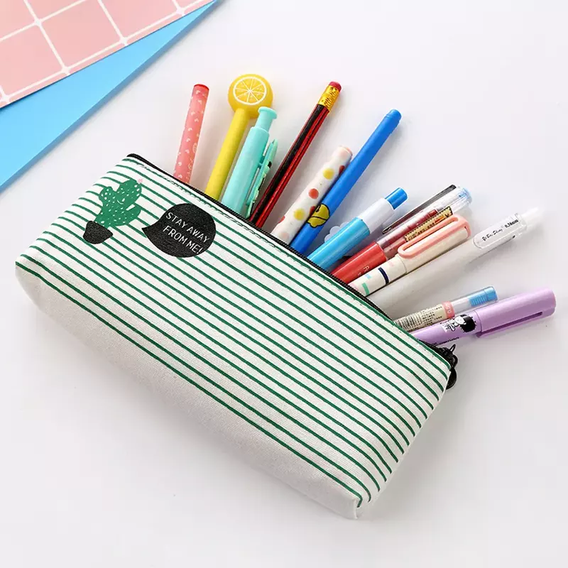 Grande Capacidade Grid Canvas Pencil Case, Student Pen Holder, Listrado Pencil Bag, Bolsa de material escolar, Bolsa de papelaria