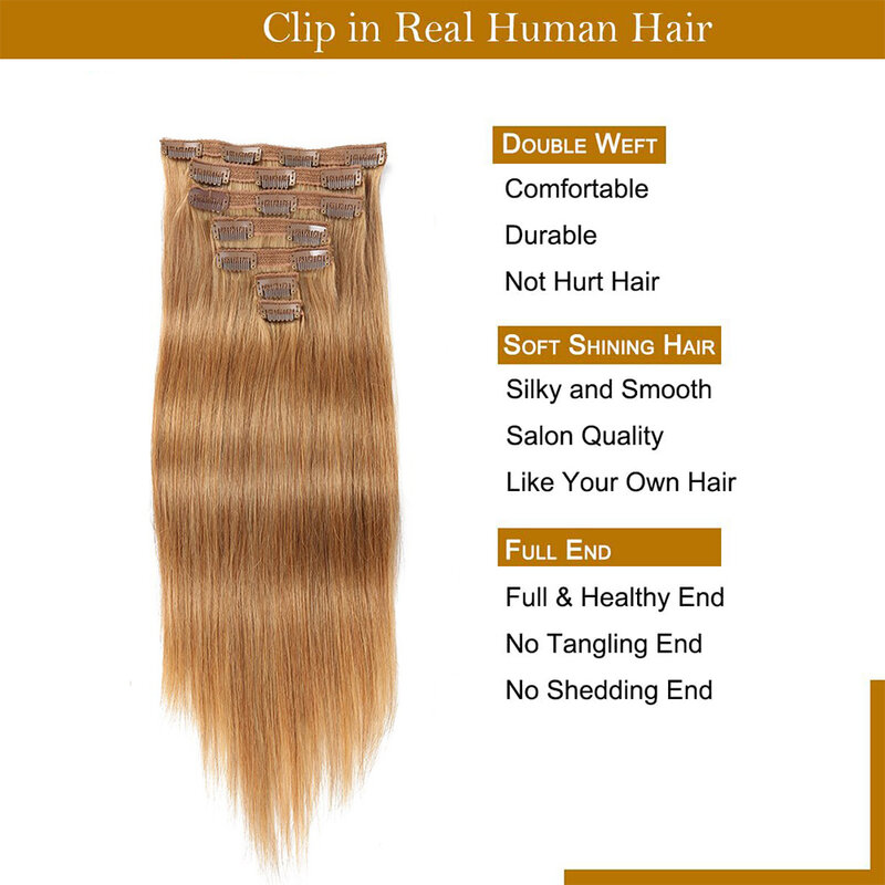 Extensões retas do cabelo humano, grampo no cabelo, brasileiro, reto, caramelo, cor loura, trama da pele, sem emenda, invisível, cabelo 100% remy, 27 #