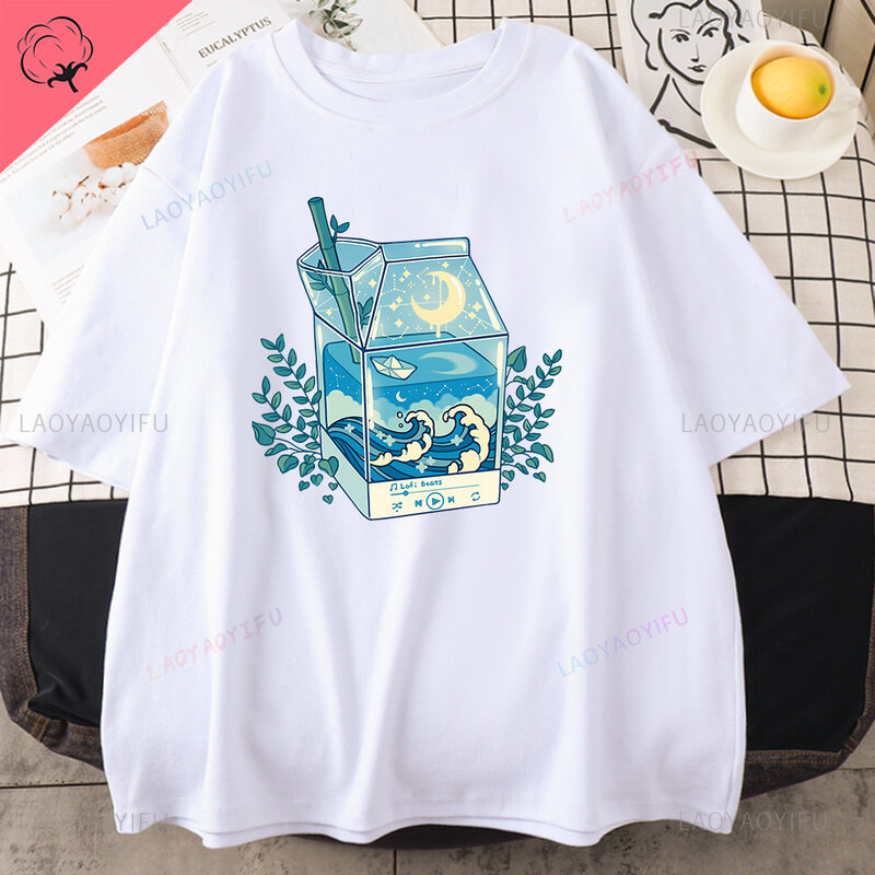 Milk carton moon Wave printed men's cotton clothing creative casual round neck full math short-sleeved round neck top