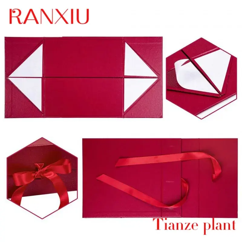 Kotak kertas lipat merah keras kustom cetak mewah dengan pita busur penutup magnetik kotak kotak hadiah kemasan