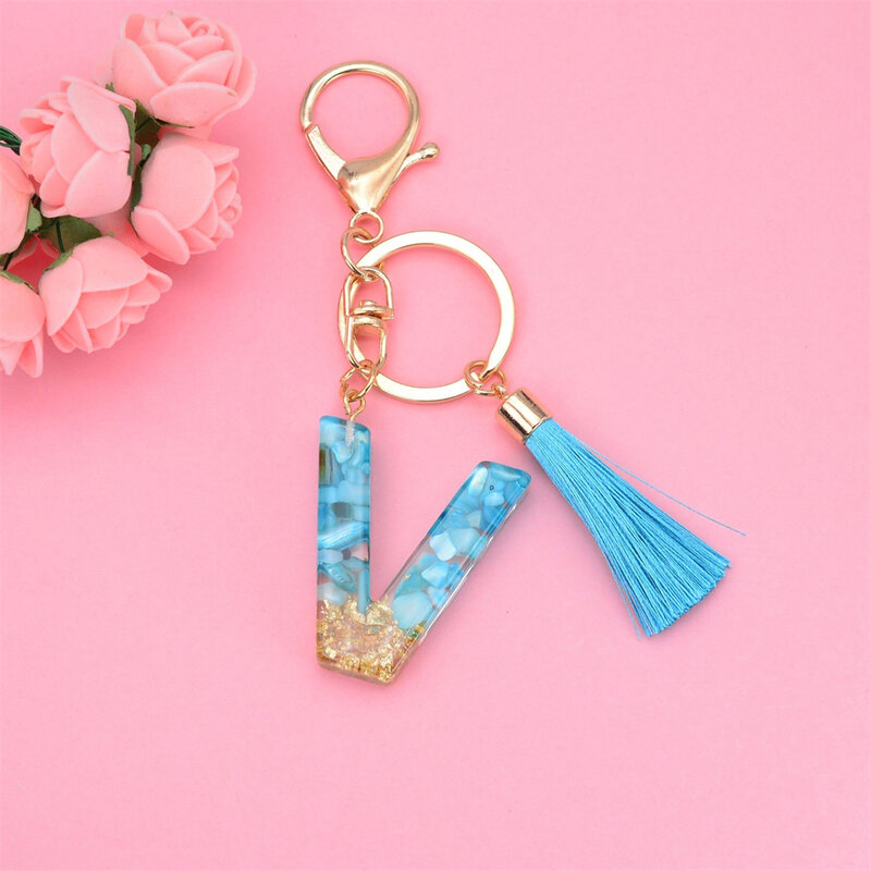 New Fashion English Letter Keychain With Tassel Blue A-Z Keyring Glitter Sequins Filling Resin Key Chain Gifts Accessories
