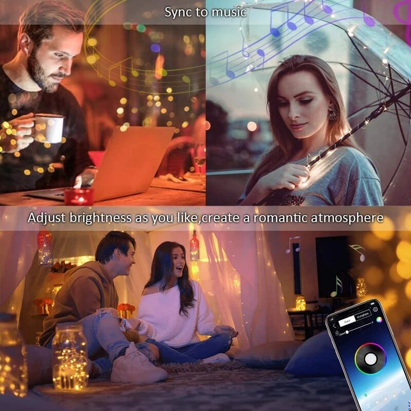 스마트 앱 제어 요정 조명, 야외 RGB 블루투스 크리스마스 트리 스트링 라이트, USB 화환 조명, 결혼식 휴일 장식, 20M