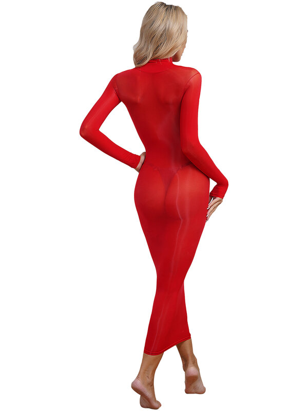 2024 Womens See Through tinta unita Sexy Lingerie Dress Nightwear High elasticizzato manica lunga o senza maniche abiti aderenti lucidi