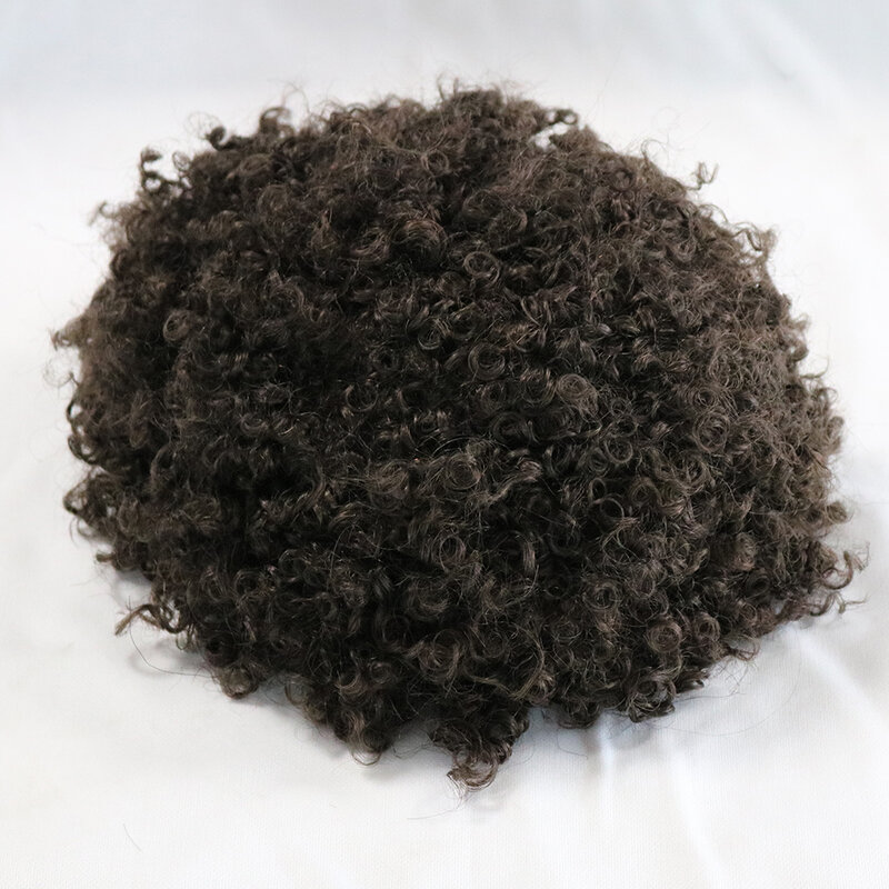 Black Mens Toupee 8mm Afro Curly Replacement Injected Skin PU Base Hairpiece for Men 100% Remy Human hair Brown Male Prosthesis