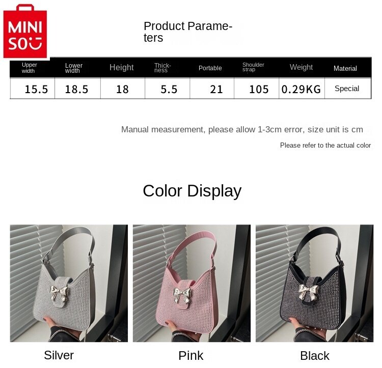 MINISO Disney High Quality PU Sweet Bow Princess Shoulder Bag Women's Fashion Sequin Set with Diamonds Storage Cross Body Bag