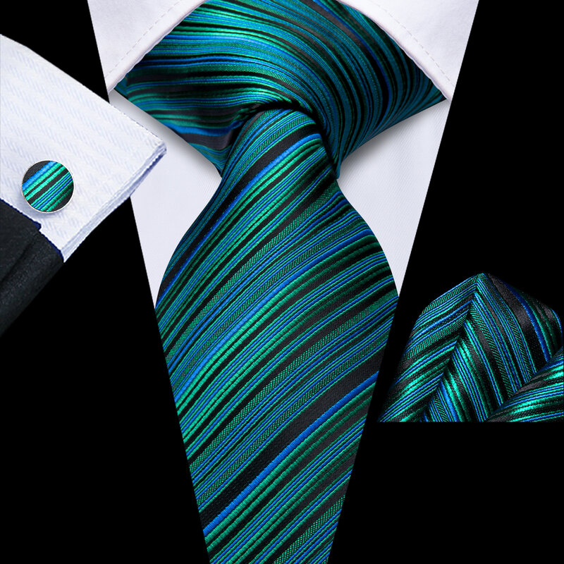 Hi-Tie Designer Listrado Pavão Azul Elegante Gravata para Homens, Marca de Moda, Wedding Party Gravata, Handky Cufflink, Wholesale Business