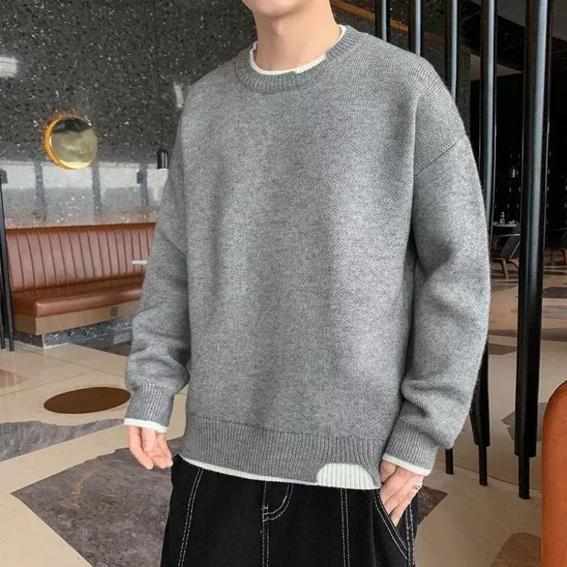 Knit Sweater Male Pullovers Round Collar Men's Clothing Crewneck Pink No Hoodie Spliced Warm Classic Knitwears Maletry Cotton X