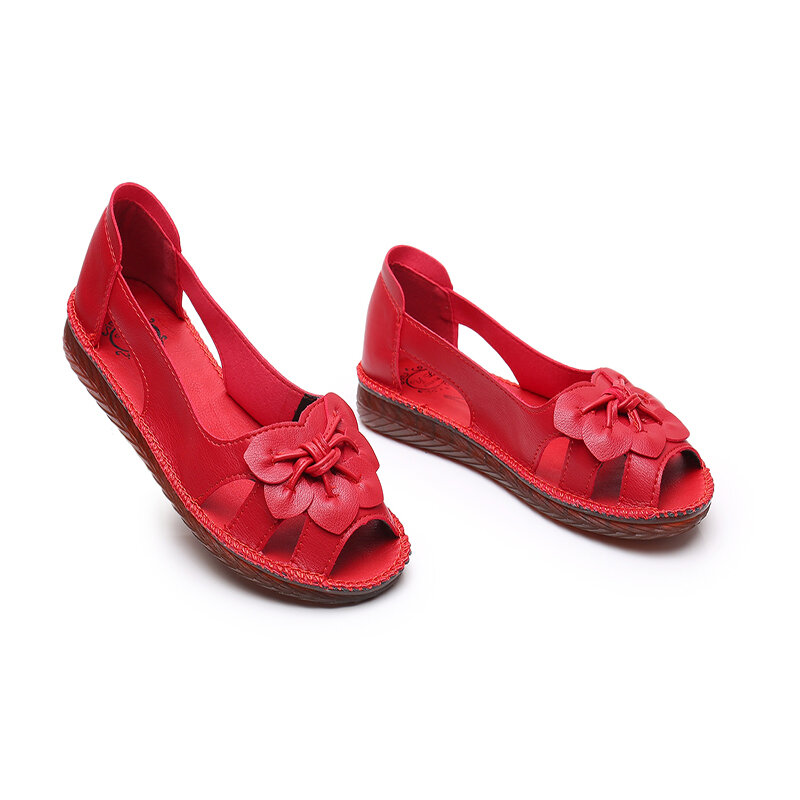 Sapatos de couro macio para mulheres de meia idade, sapatos peep toe casuais, tamanho grande 42, perna larga, mãe, luxo, verão, 2022