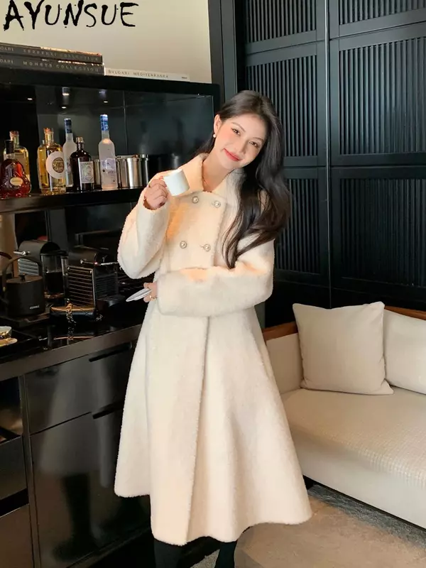 AYUNSUE mantel wol 100% wanita, jaket cukur domba panjang elegan musim dingin 2023 gaya Korea