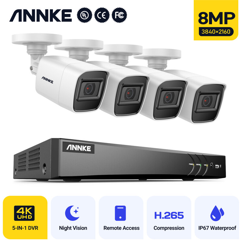 ANNKE 8CH 5MP-N Sistem Keamanan Video HD Super H.264 + DVR dengan 4X 8X 5MP Peluru Luar Ruangan Tahan Air Kit Kamera CCTV Deteksi AI