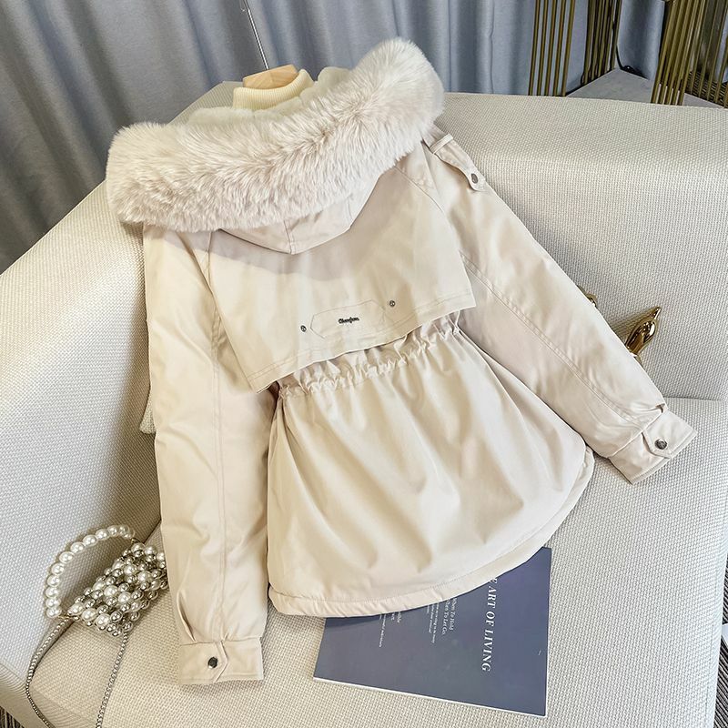 Koreański styl Vintage krótka damska kurtka puchowa zimowa zagęszczona jednolity kolor modny Design sznurka bawełna-płaszcz z podszewką