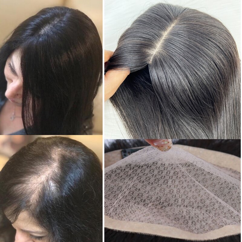 Rambut palsu dasar sutra wanita 15x17cm Topper dengan 4 klip dalam hiasan rambut Malaysia rambut manusia Virgin rambut palsu sutra sejuk rambut bayi alami
