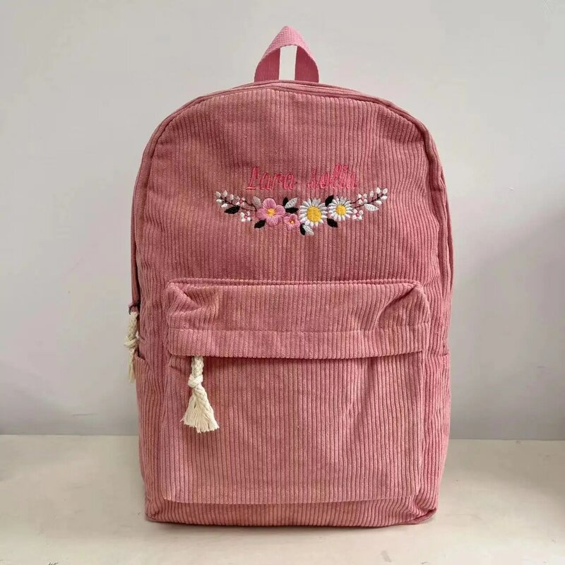 Spersonalizowane plecaki sztruksowe, ręcznie robione torby szkolne z kwiatami i niestandardowym haftem dla dzieci