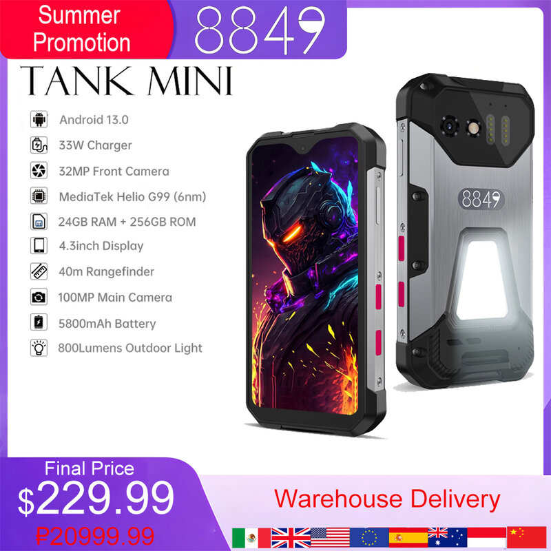 8849 Tank Mini Rugged Smartphone 24GB 256GB 5800mAh Battery 100Mp Camera Android 13 Cellphone 4.3 inch Waterproof Mobile Phone