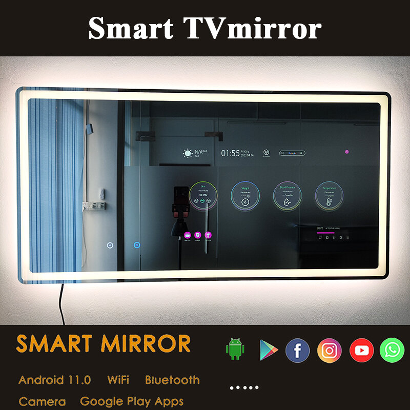 Внутреннее интерактивное зеркало для фитнеса Android TV с умным сенсорным датчиком, переключатель зеркала для ванной комнаты с подсветкой, современное умное зеркальное зеркало