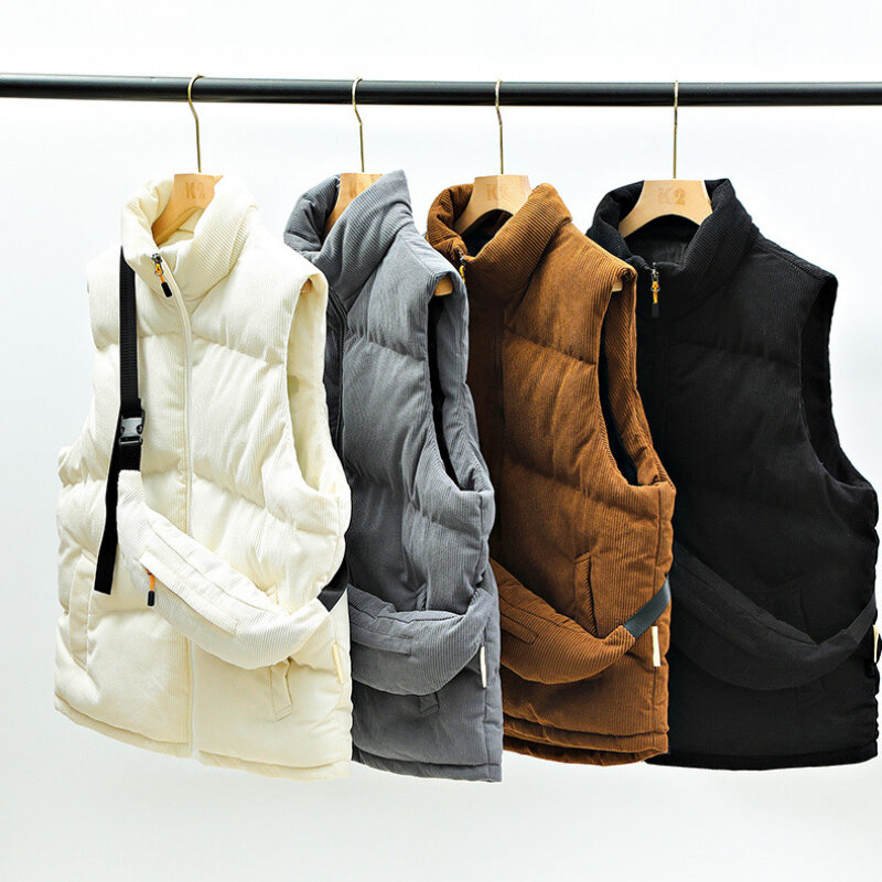 Jesienna zimowa bezrękawnik rekreacyjna dla mężczyzn w japońskim jednolitym kolorze pogrubione ciepła podkoszulka sportowe luźne kurtki z plecakiem męskie