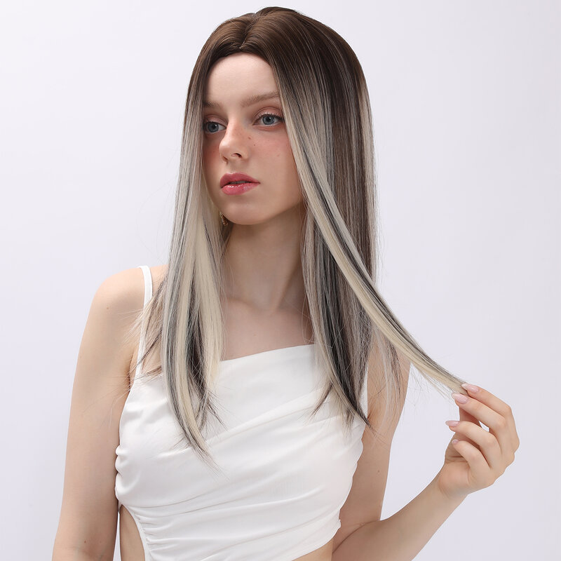Dark Brown Synthetic Fiber Highlight Straight Hair For Women Middle Part Hair Wig Cosplay Natural Daily Party Heat Resistant Wig