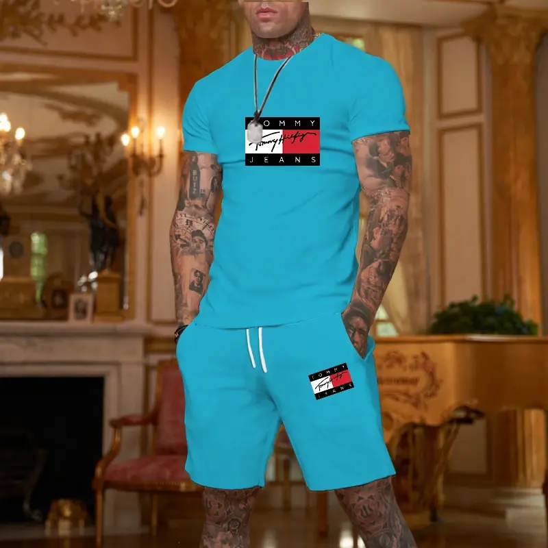Sommer T-Shirt Set für Männer gestreiften 3D-Druck Herren T-Shirt Kurzarm Shorts 2-teiliges Set übergroßen lässigen Strand Sport Mann Anzug