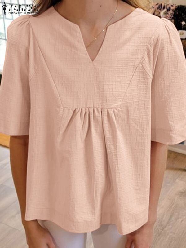 Блузка ZANZEA Женская хлопковая с коротким рукавом, Повседневная Свободная Милая туника с V-образным вырезом, модная мешковатая Однотонная рубашка в Корейском стиле, лето 2024