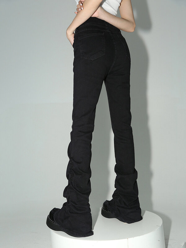 Reddachic กางเกงยีนส์ขาบานสำหรับผู้หญิง, กางเกงยีนส์สีดำจับจีบยืดสีพื้นกางเกงเอวสูงกางเกงแนวฮาราจูกุโกธเสื้อผ้า Y2k