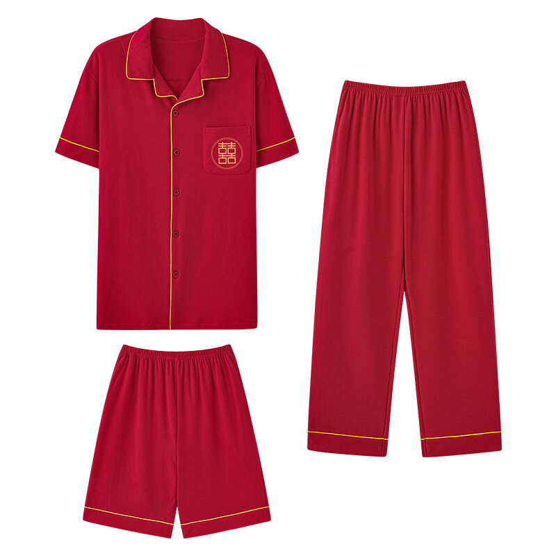 Red Color Cardigan Tops+Short Pants+Long Pants 3pc/set Men Cotton Pajamas Set Summer Casual Tracksuit Pyjamas Male Pijama Hombre