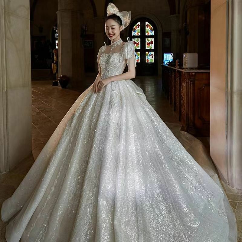 Dubai Arabia Ball Gown Wedding Dress Luxruy Crystal Bridal Gown Sequin Pearls High Neck Short Sleeves Church Robe De Mariée