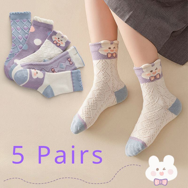 5 Pairs Lot Cute Rabbit Children Socks Summer Breathable Mesh Girls Middle Tube Socks   Kids  Girl Ruffle Socks