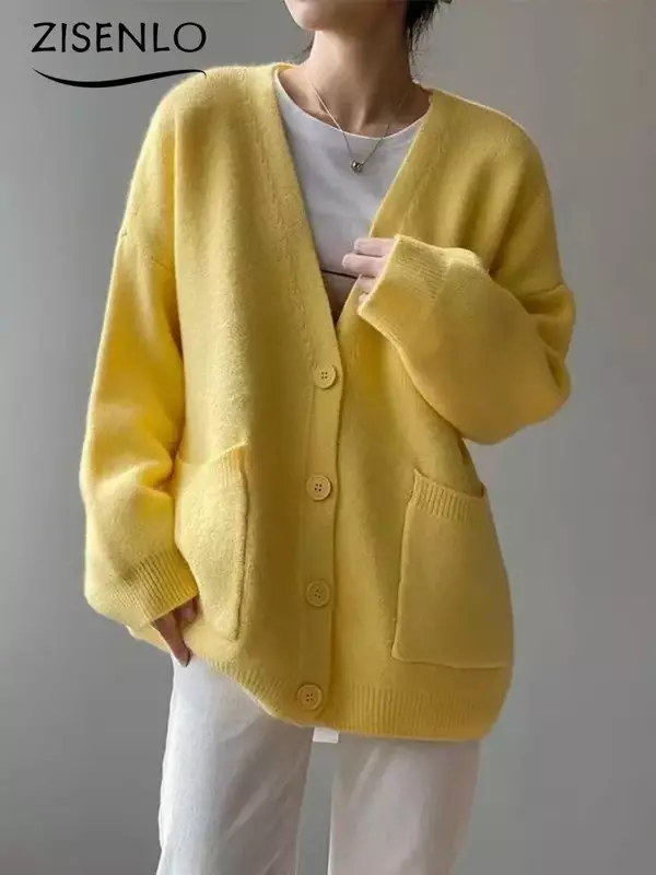 Cárdigan de punto de Color puro para mujer, suéter informal, abrigo de punto, moda coreana, estilo suelto y perezoso, Otoño, nuevo