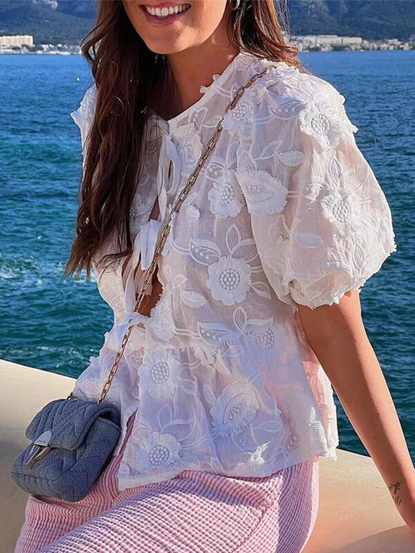 Elegant Embroidery Lace Up Blouses For Lady O-neck Puff Short Sleeve 2024 Spring Summer Casual Print Women Shirts And Blouse