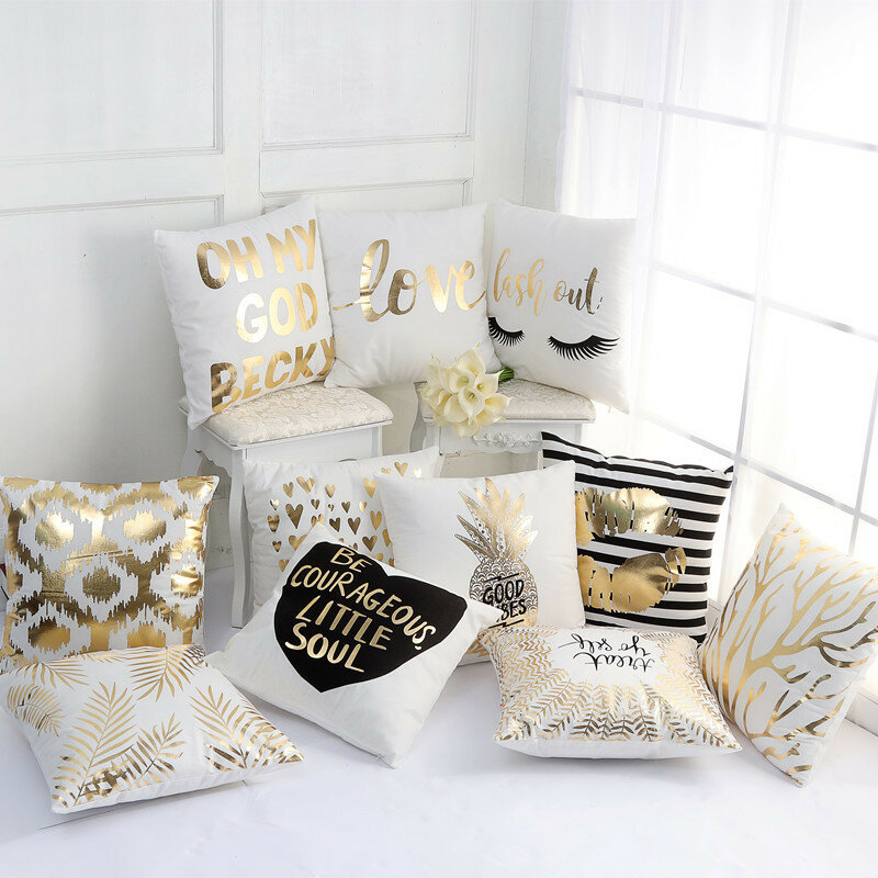 ゴールドブロンズとシルバーの幾何学的形状の枕カバー,柔らかい綿とポリエステル製,カップル用,ソファ装飾枕