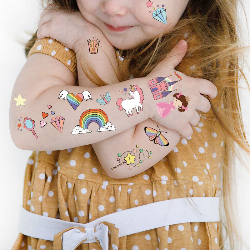 Tatuajes de transferencia para niños, Mini tatuajes impermeables para Festival, brillos, cara, unicornio, animales, pegatinas, 10 piezas