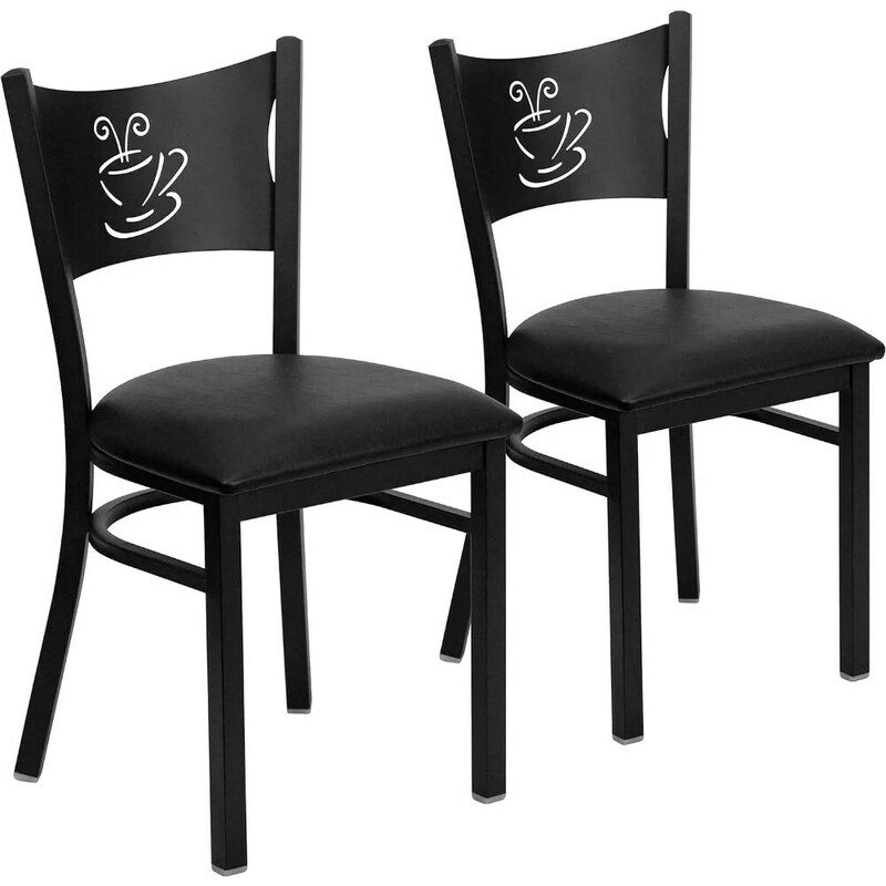 Silla de restaurante de Metal con respaldo de Café negro, asiento de vinilo negro, muebles de Café, paquete de 2