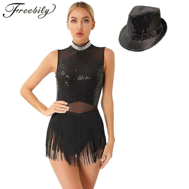 Womens Fringed Leotard Mesh Patchwork Sequined Latin Dance Bodysuit with Hat for Tango Cha-Cha Dancewear Gymnastics Jumpsuit