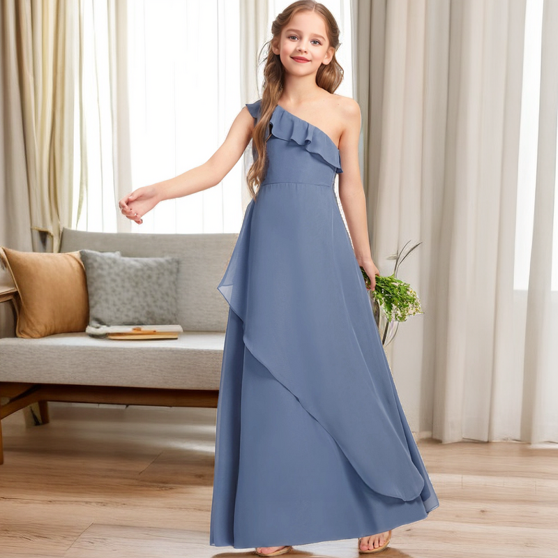 One Shoulder Chiffon Junior Bridesmaid Dress Wedding Photograph Ball Event Birthday Party Banquet Prom Night Pageant For Kids