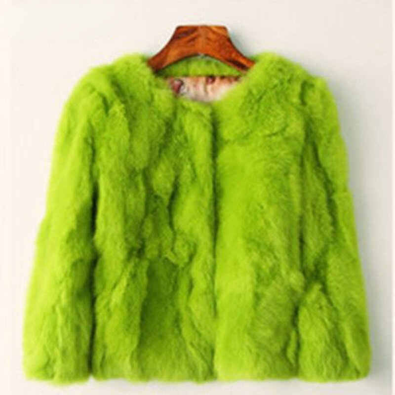 Woman Genuine Real Natural Rabbit Fur Coat Femlae Fashion  Jacket with  Sleeve Ladies O-neck Loose Outerwear  G767