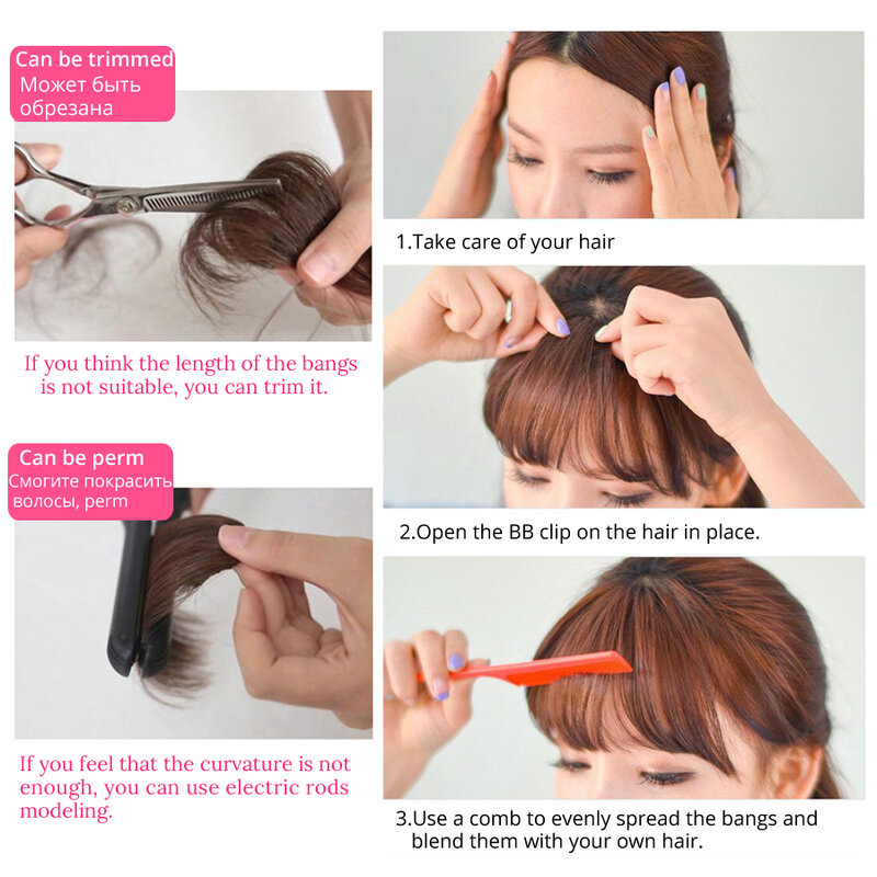 Klip rambut poni sintetis dalam ekstensi rambut, klip poni tipis bertepi poni untuk rambut wanita poni melengkung untuk anak perempuan