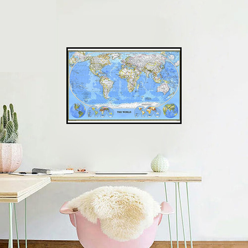 Mapa del mundo de 84x59cm, suministros de oficina, cartel detallado, tabla de pared, papel Retro no tejido, mapa del mundo, decoración de póster, 1988