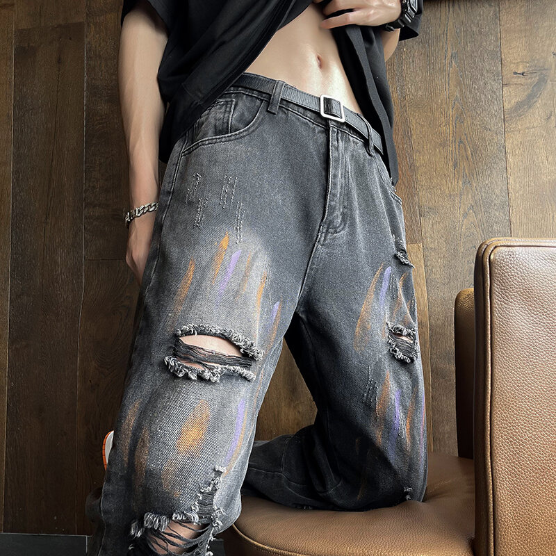 W stylu Retro z gwiazdą dżinsy z nadrukami dla męskiego designu Sense amerykańskie spodnie główna ulica modowe sprane dżinsy spodnie jesienne L67