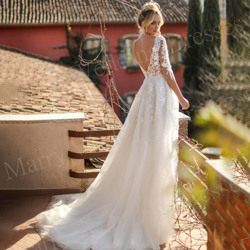 Elegant Gorgeous A-Line Wedding Dresses V-Neck Backless Bride Gowns Lace Appliques Illusion Sweep Train Vestidos De Novia 2024