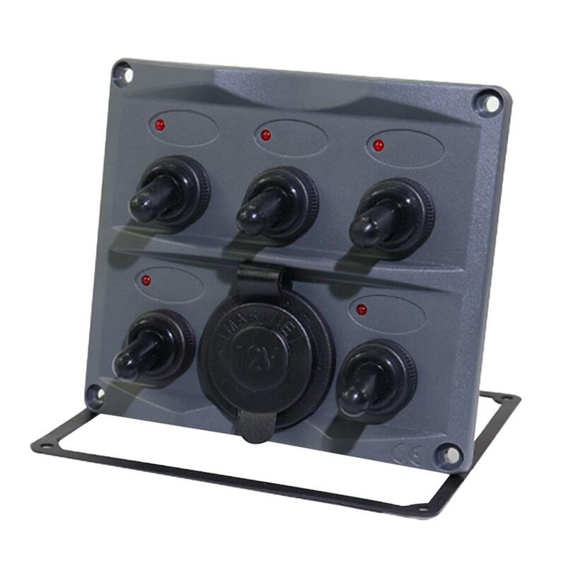 Panel de interruptor de palanca de 5 entradas y 1 toma de corriente, color gris, precableado con fusibles