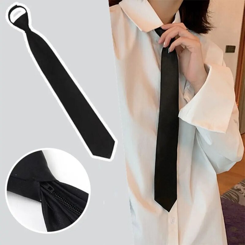 Unisex Uniform Black Tie New Simple Matte Lazy Neck Ties Clip on No-tie Suit Zipper Neckties Women