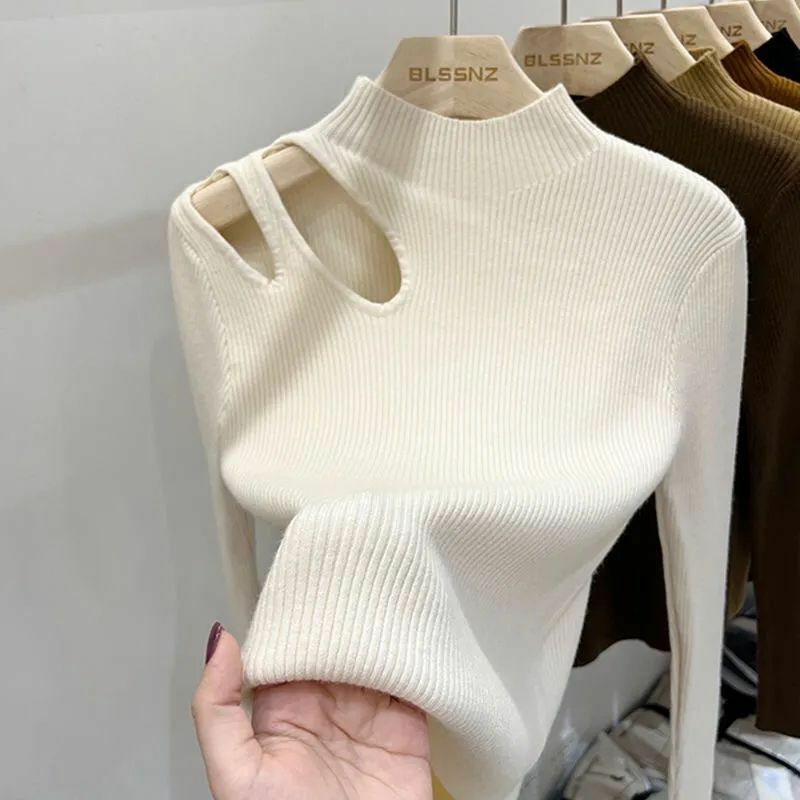2023 pakaian wanita awal musim gugur lengan panjang bahu T-shirt leher rajut bawah kemeja Slim Fit Top pullover jumper sweater